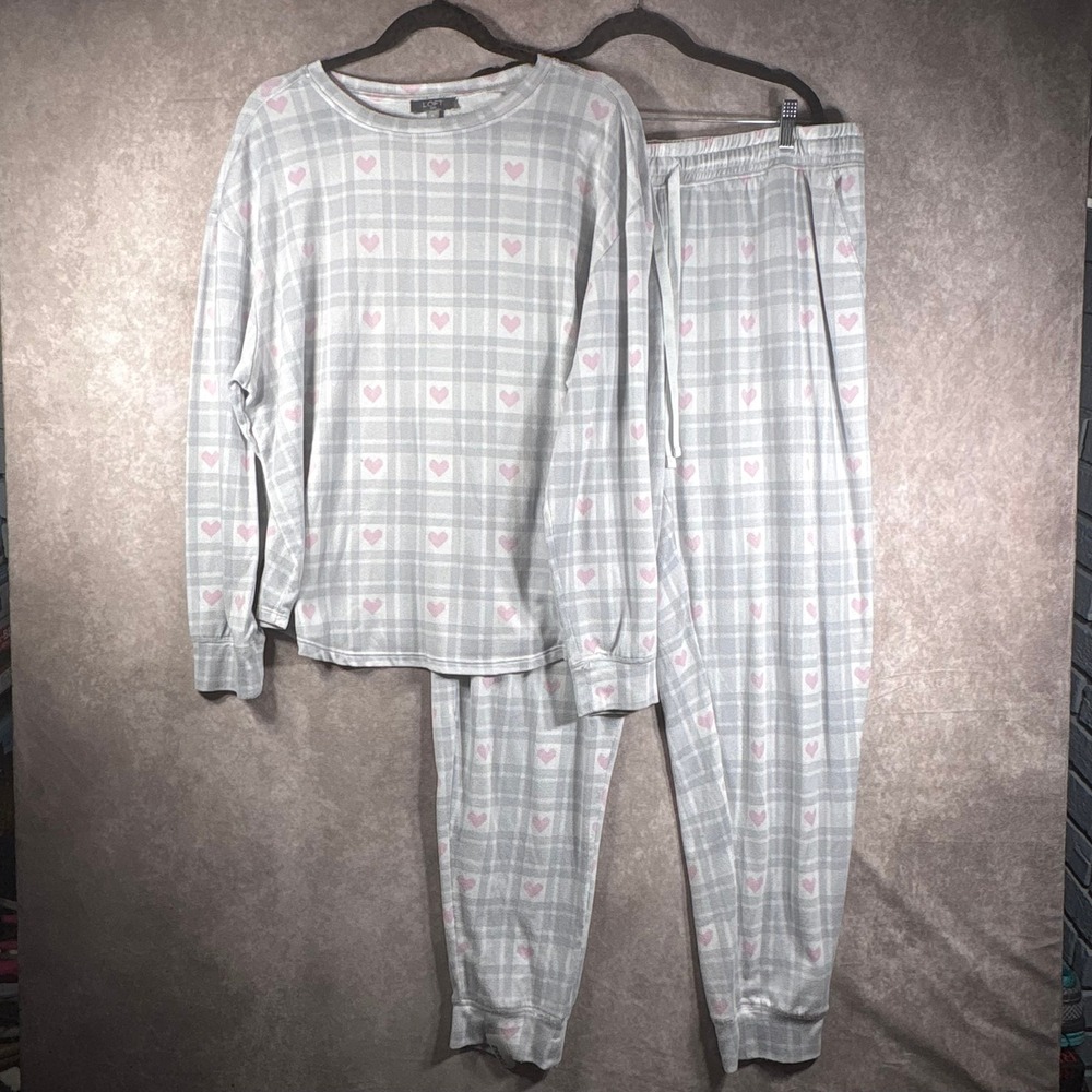 Loft Pajama Set Women Large Gray Heart Plaid Sleepwear Loungewear Jogger‎ Soft